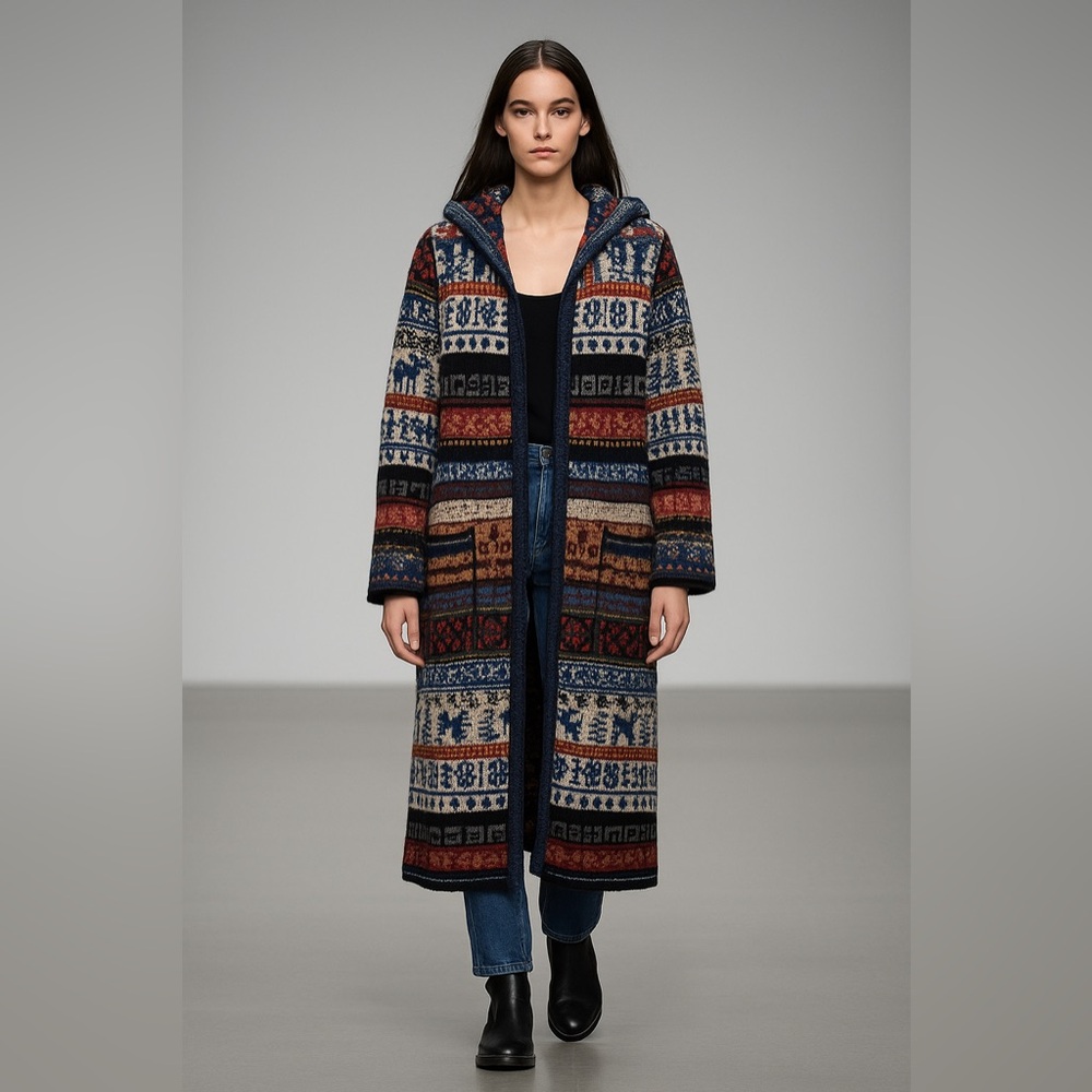 Anthropologie Aldomartins Wool Nordic Hooded Long Knit Cardigan Coat XS Boho